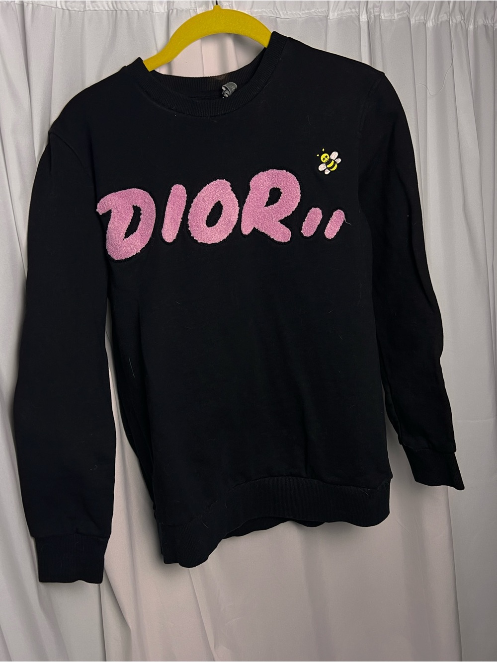 Dior x KAWS Black Crewneck Sweater with Pink Script Logo and Bee Patch